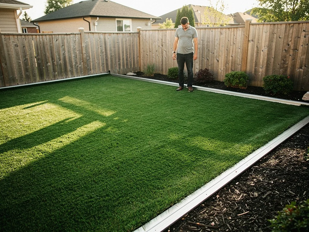 Final inspection of completed backyard turf installation in Windsor Ontario